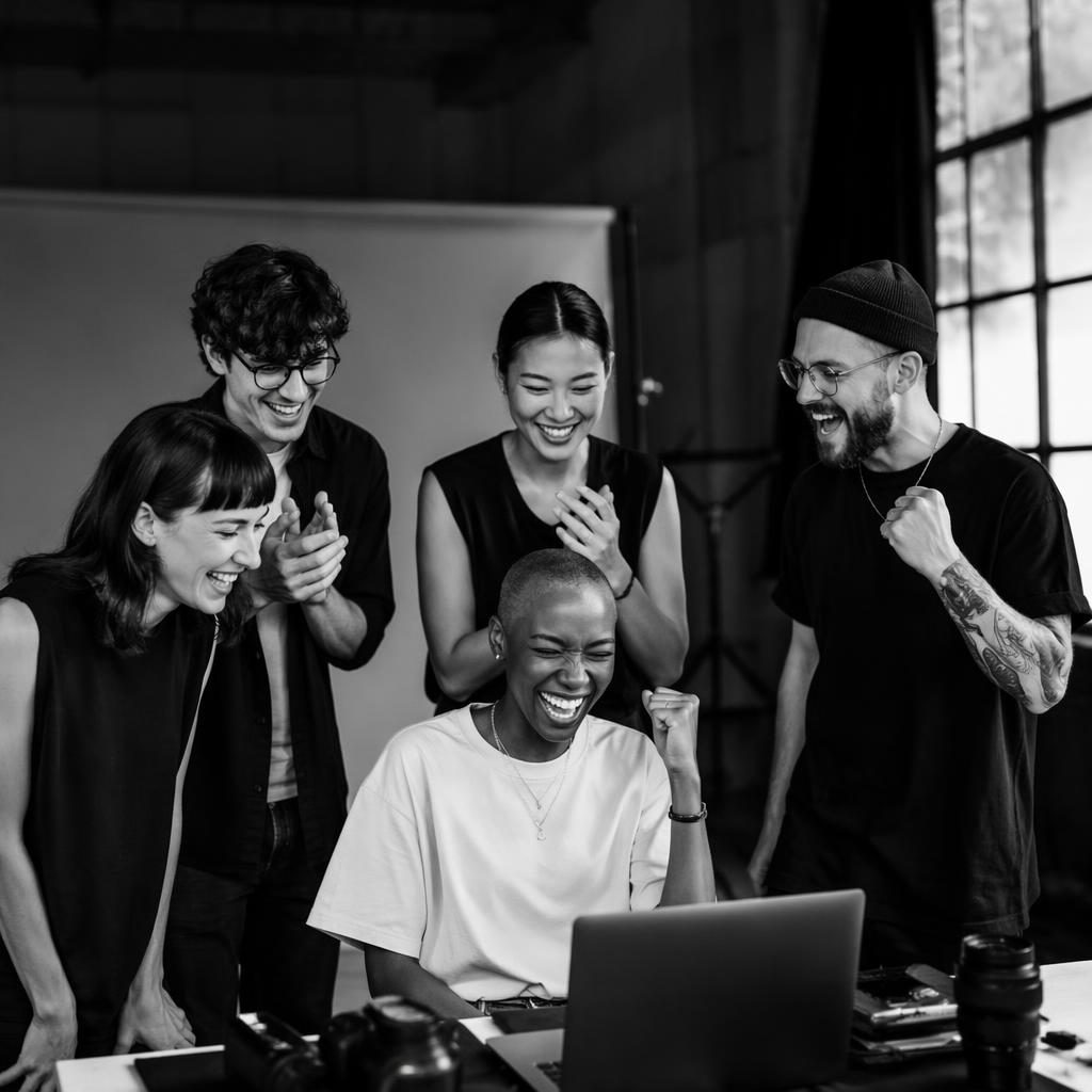 Diverses Team einer Social-Media-Agentur feiert Launch im Fotostudio, monochrom, editorial beleuchtet.