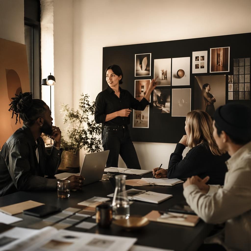 Diverses Designstudio-Team bei einer Pitch-Präsentation im hohlkehle fotostudio, warmes Editorial-Licht, Boutique-Farben