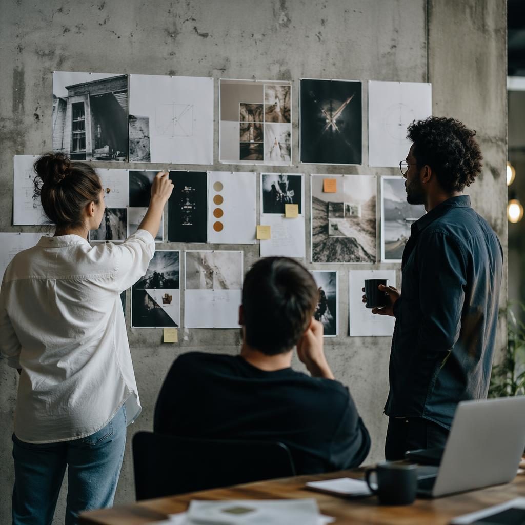 Nahaufnahme einer Moodboard-Wand in einer SEO- und Content-Agentur mit Betonoptik, Editorial-Licht und diversen Teamdetails