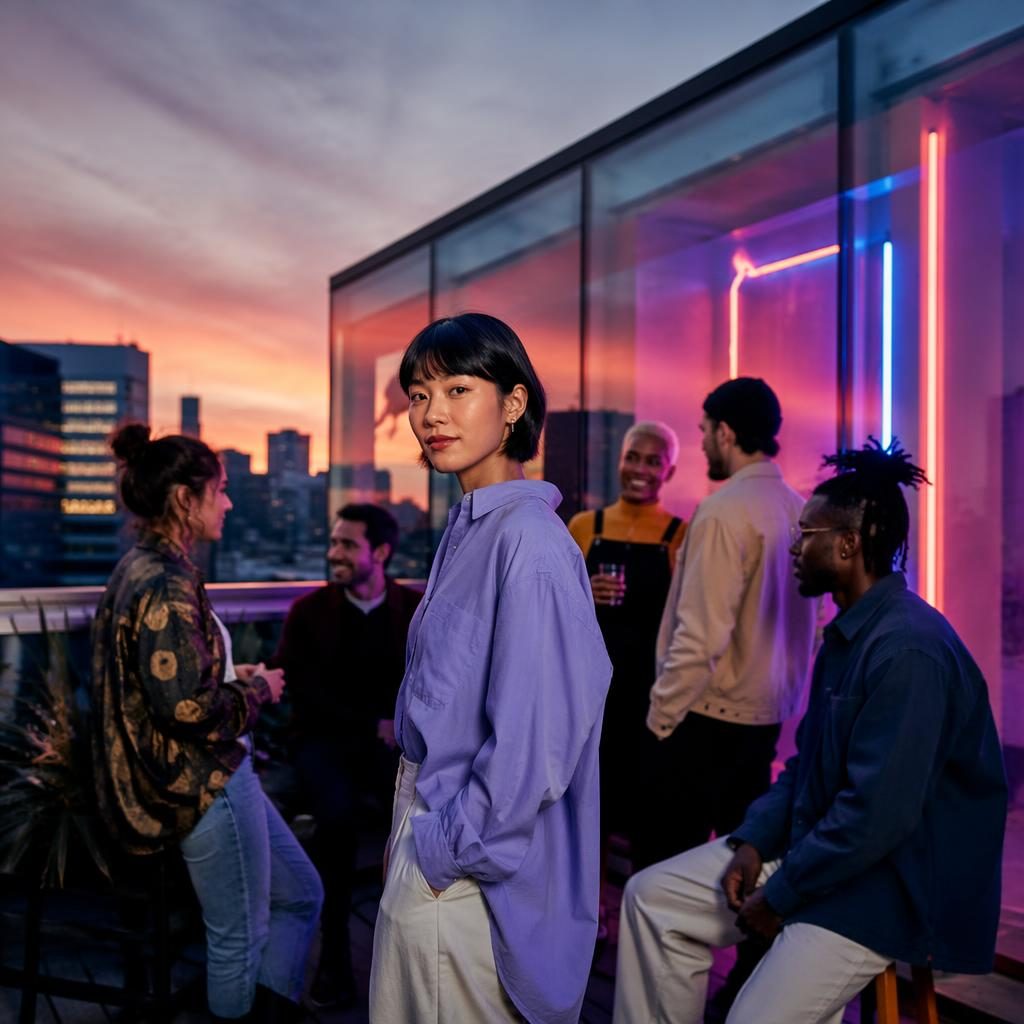 Diverses Digital-Marketing-Team bei einem Event auf der Dachterrasse, mit editorial Licht und kreativer Farbpalette.