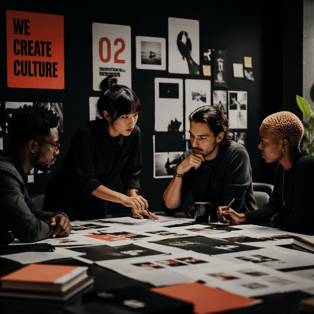 Diverse creative team brainstorming in a dark studio office with black palette, accent lighting, and editorial mood.