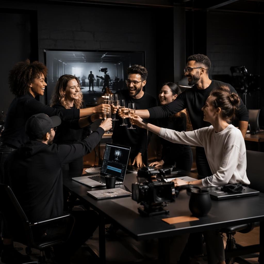 Diverse video production agency team celebrating a launch in a black-accent editorial studio with dramatic lighting
