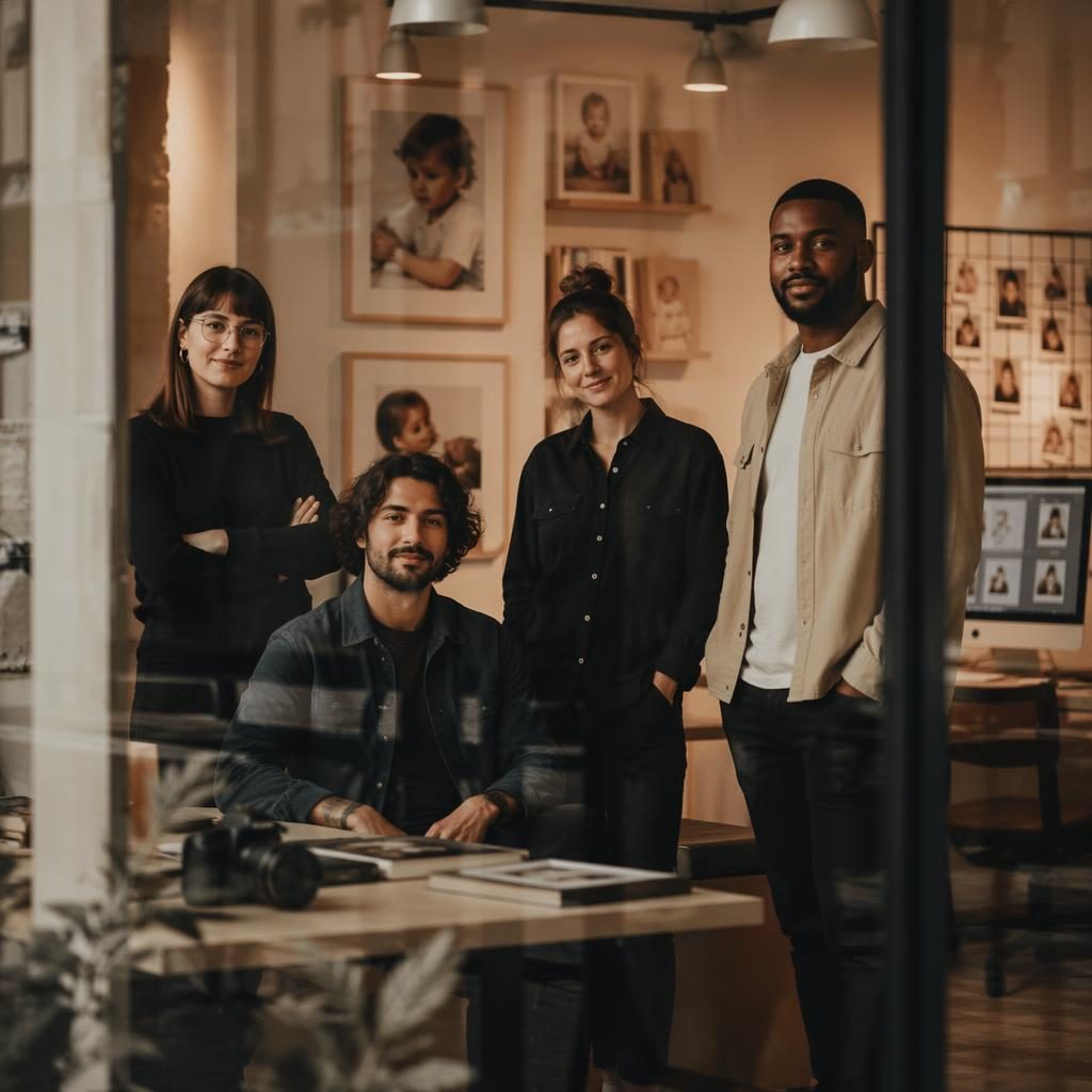 Diverse Gründer eines Designstudios hinter Glas im Büro, warme Boutique-Farben, editoriales Licht, stilvolle Teamszene