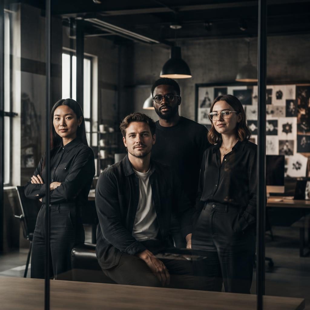 Diverse Gründer einer Kreativagentur stehen hinter einer Glaswand im dunklen Büro mit editorial Lichtstimmung.