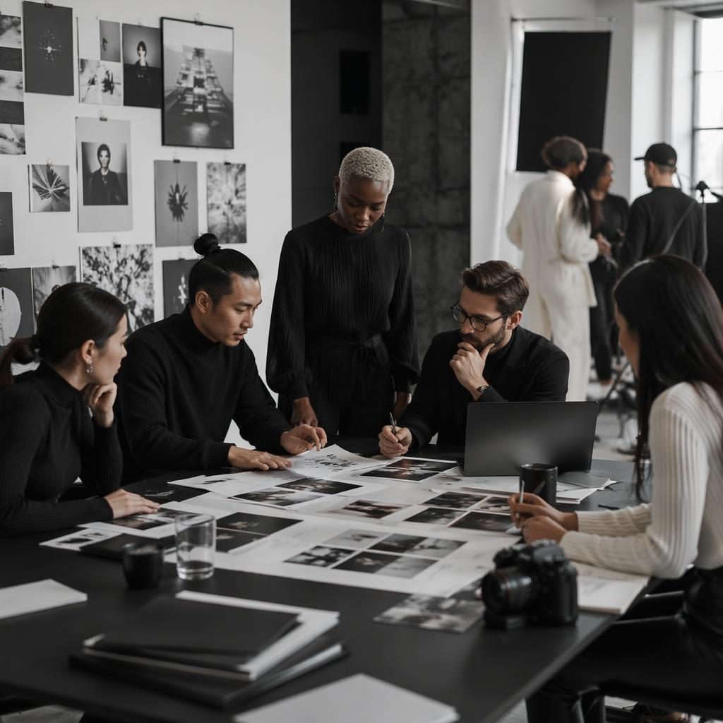 Wide social media agency studio with a diverse team, monochrome styling, and edgy editorial lighting