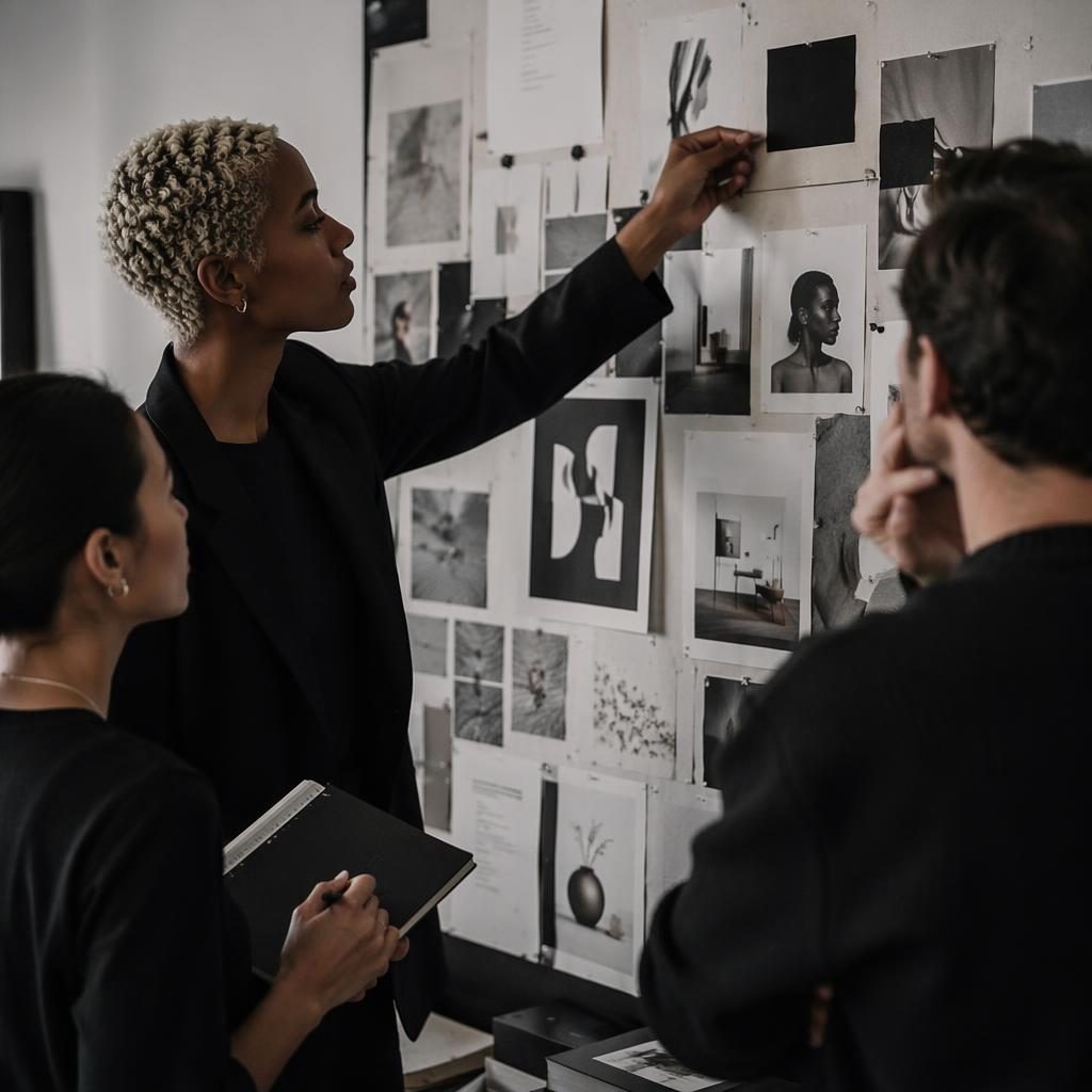 Close-up of a monochrome moodboard wall in a creative agency, with hands arranging editorial-style branding visuals