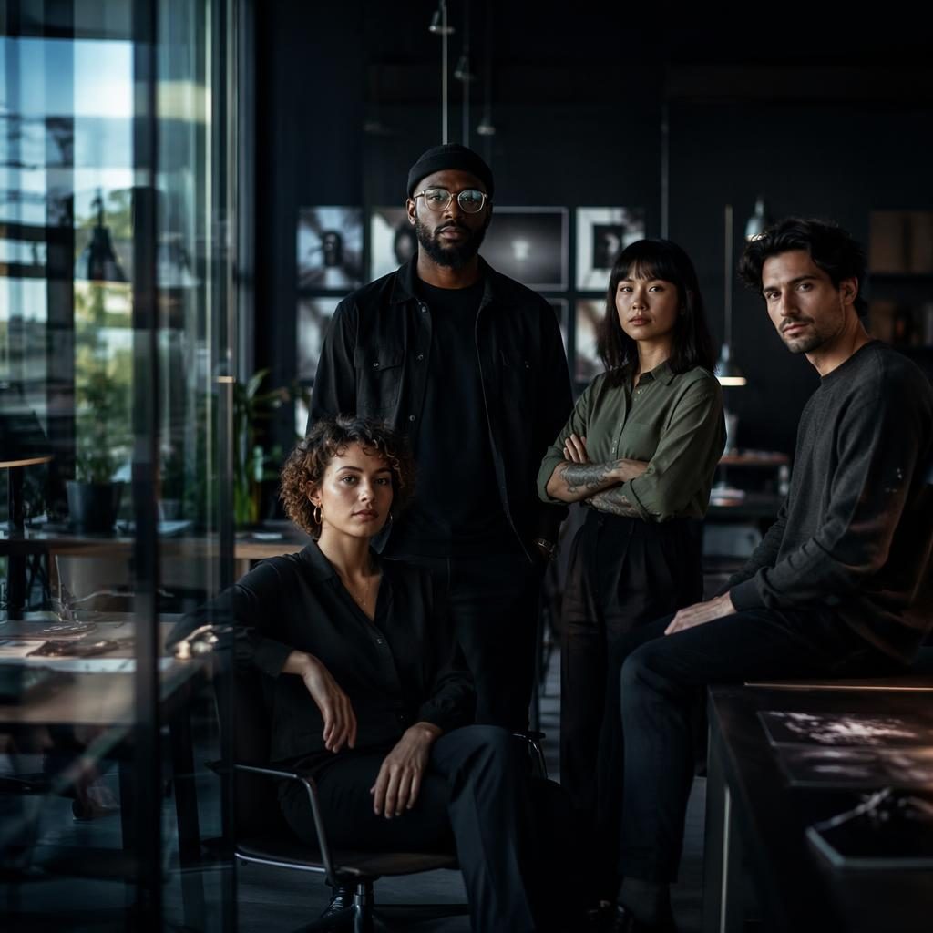 Diverse Gründer:innen einer Social-Media-Agentur hinter Glas im dunklen Büro, moody Editorial-Licht, stilvoll inszeniert.