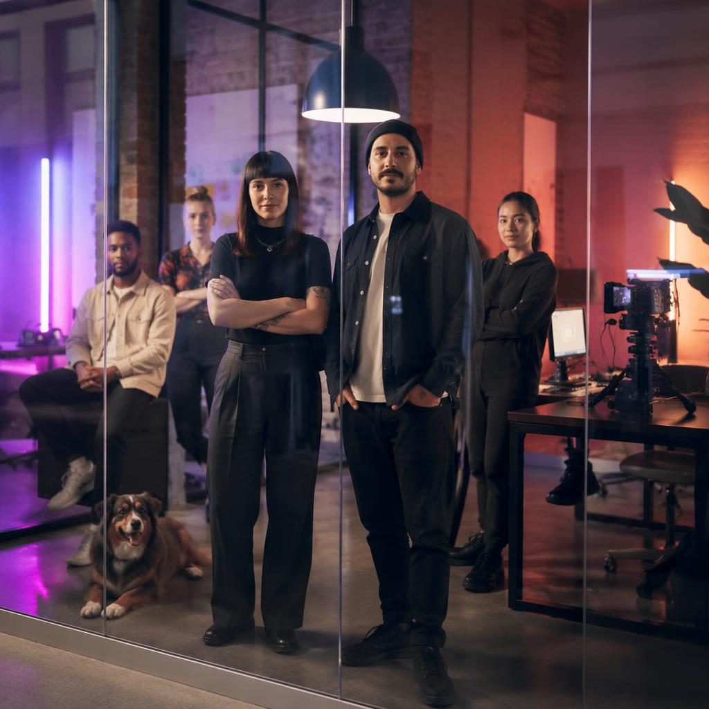 Diverse Gründerteams hinter Glaswänden im Büro einer Videoproduktion, mit lebendiger Farbpalette und editorialer Lichtstimmung.