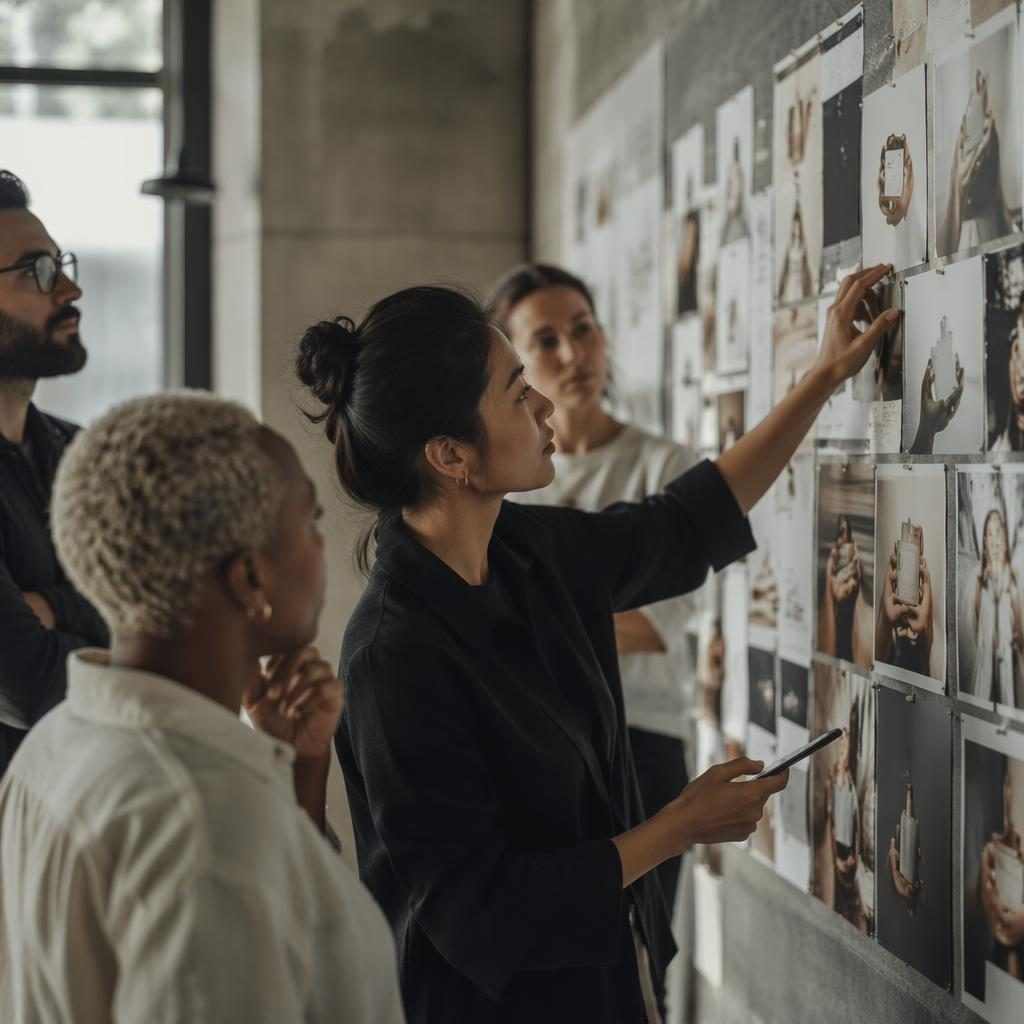Close-up of a concrete moodboard wall with campaign visuals in an edgy editorial b2b strategy agency setting