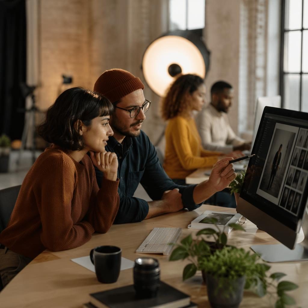 Diverses Kreativteam arbeitet an Bildschirmen in warmer Boutique-Farbwelt, editorial ausgeleuchtet, ohne sichtbare Logos.