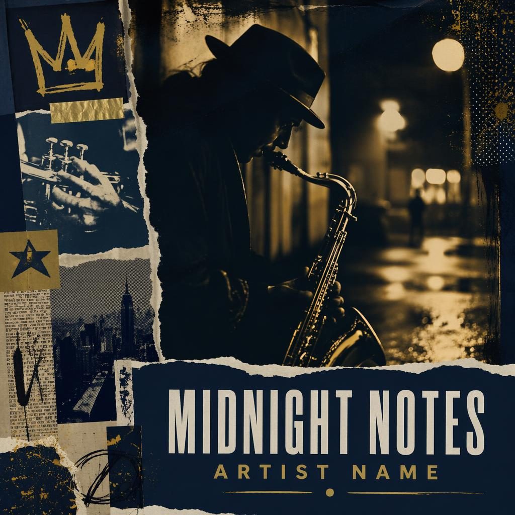 Square album cover with punk rock zine collage, moody photo style, midnight blue and gold tones, and clean placeholder text