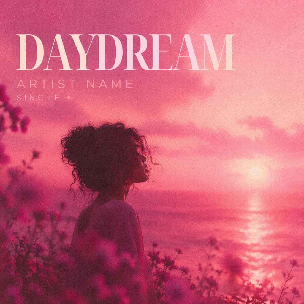 Square album cover with pink film grain, dreamy pastel reggae mood, bold clean title placeholder, and soft romantic glow.