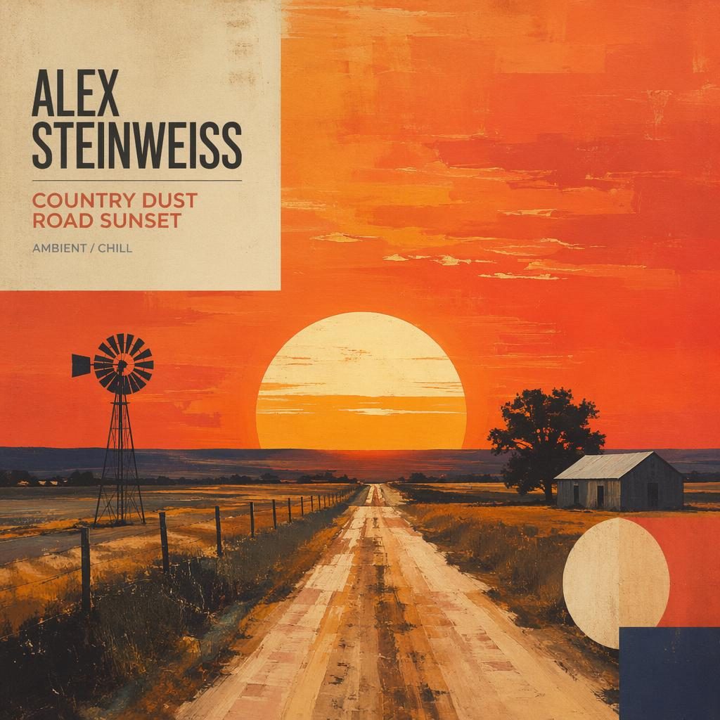 Square album cover art showing a dusty country road at sunset with warm skies, painterly ambient styling, and clean title text.