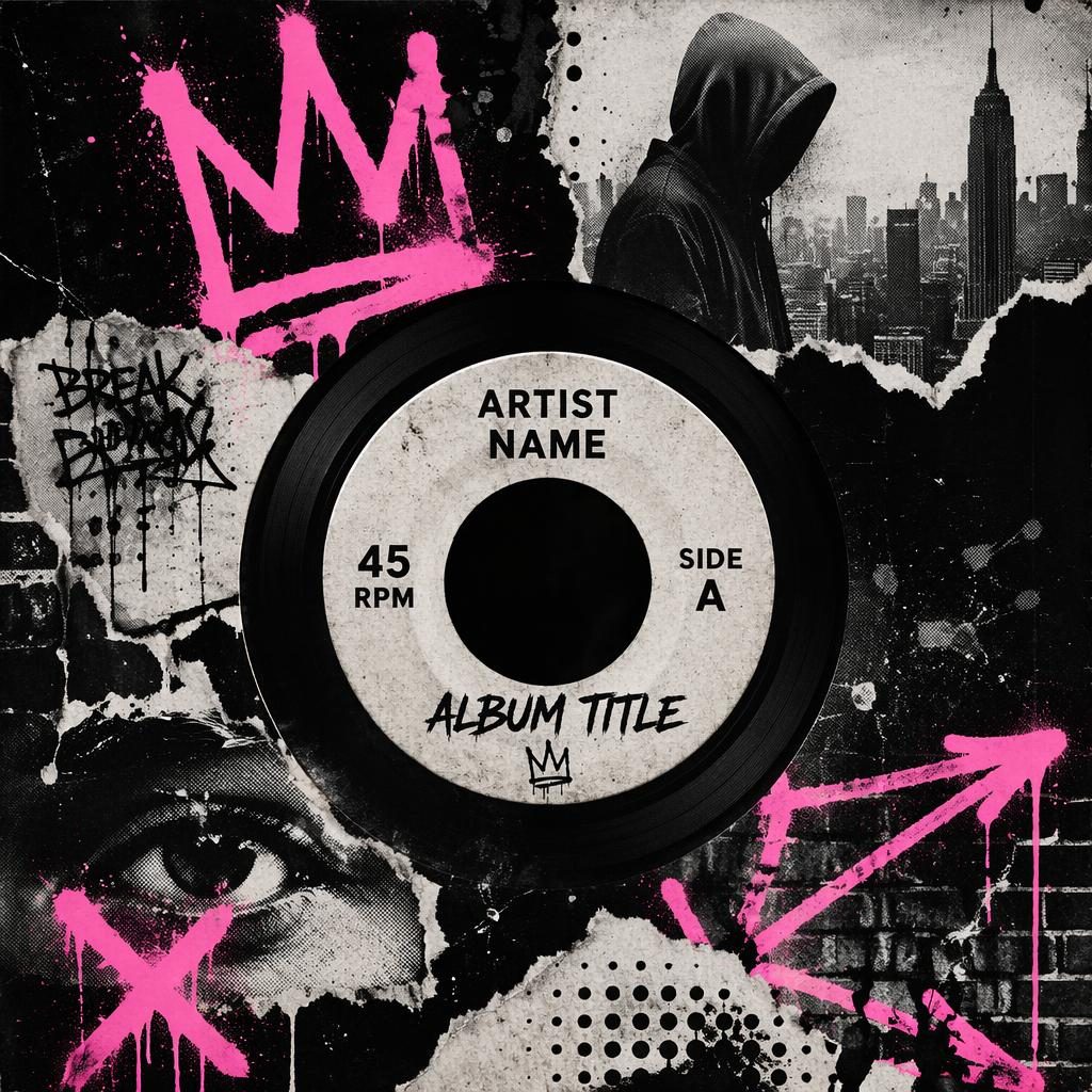 Pochette carrée style 45 tours, collage punk en noir et blanc avec graffiti néon, ambiance introspective et texte factice.