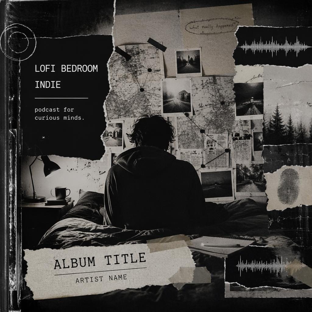 Quadratisches Albumcover in monochromem Collage-Stil, introspektiv, mit True-Crime-Podcast-Vibe und sauberem Platzhaltertext