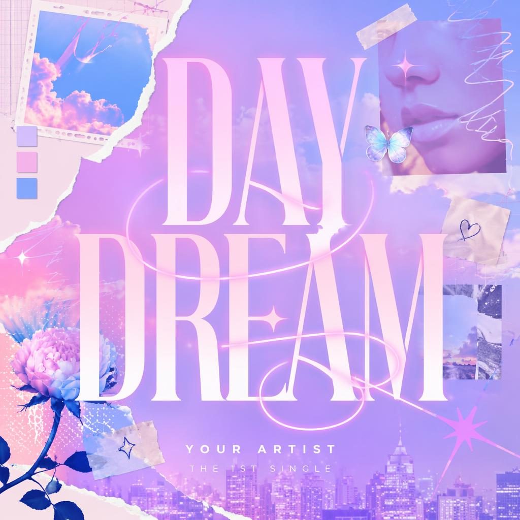 Square indie album cover with pastel collage visuals, dreamy romantic mood, neon vaporwave colors, and clean title text.