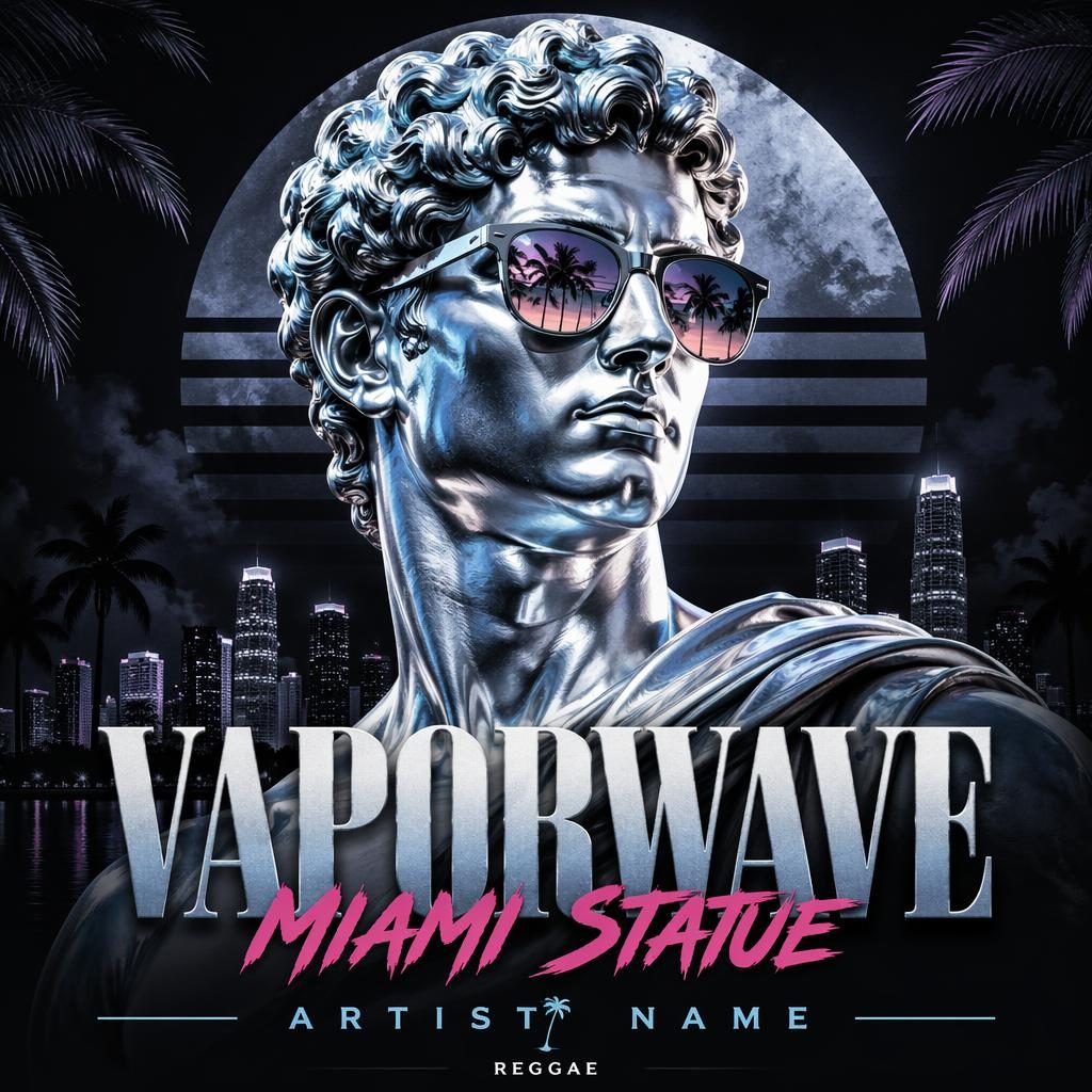 Square album cover with a silver vaporwave Miami statue, icy tones, dark dramatic lighting, and bold pop art styling.