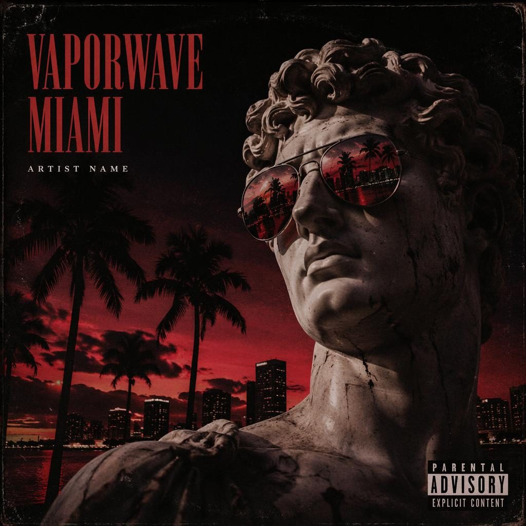 Square moody album cover showing a vaporwave Miami statue in black and red tones with warm nostalgic lighting.