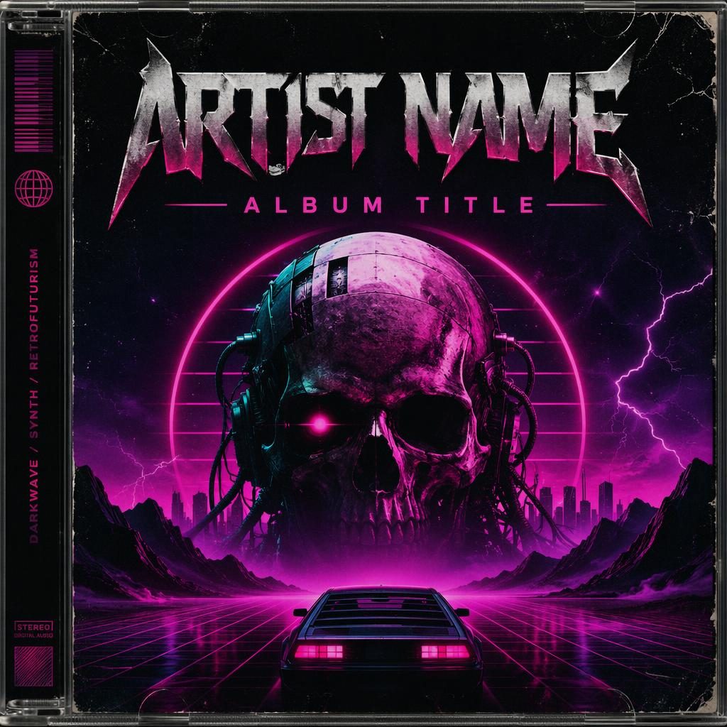 Čtvercový obal alba v darkwave synth stylu, neonové barvy, agresivní retrofuturistická metalová estetika.