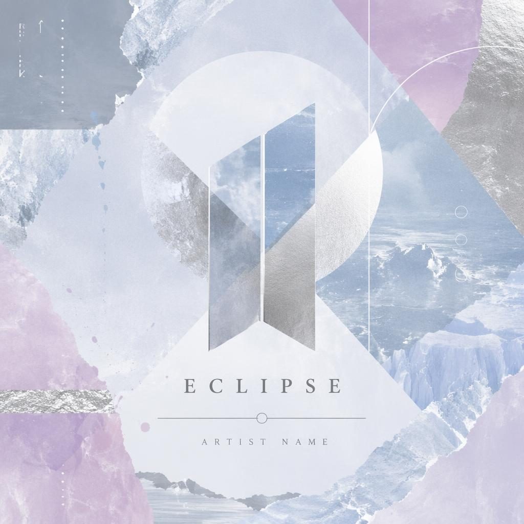Square album cover with a pastel collage, minimalist geometric shapes, silver and ice tones, and clean placeholder text.
