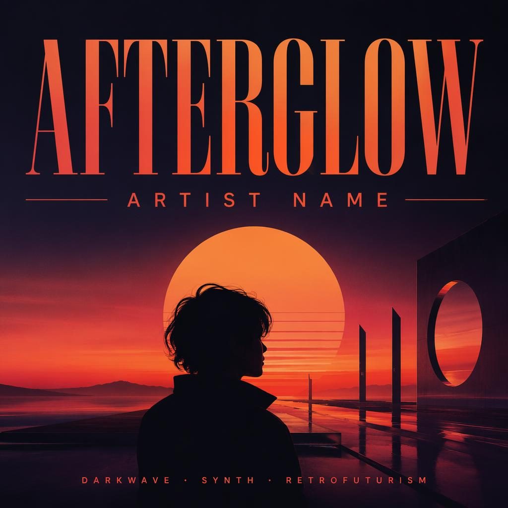 Quadratisches Albumcover mit warmem Sunset-Verlauf, dreamy Darkwave-Szene und klaren Platzhaltern für Titel und Artist.