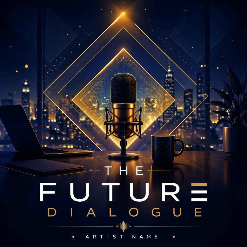 Square album cover with glowing geometric shapes in midnight blue and gold, moody warm lighting, clean placeholder text.
