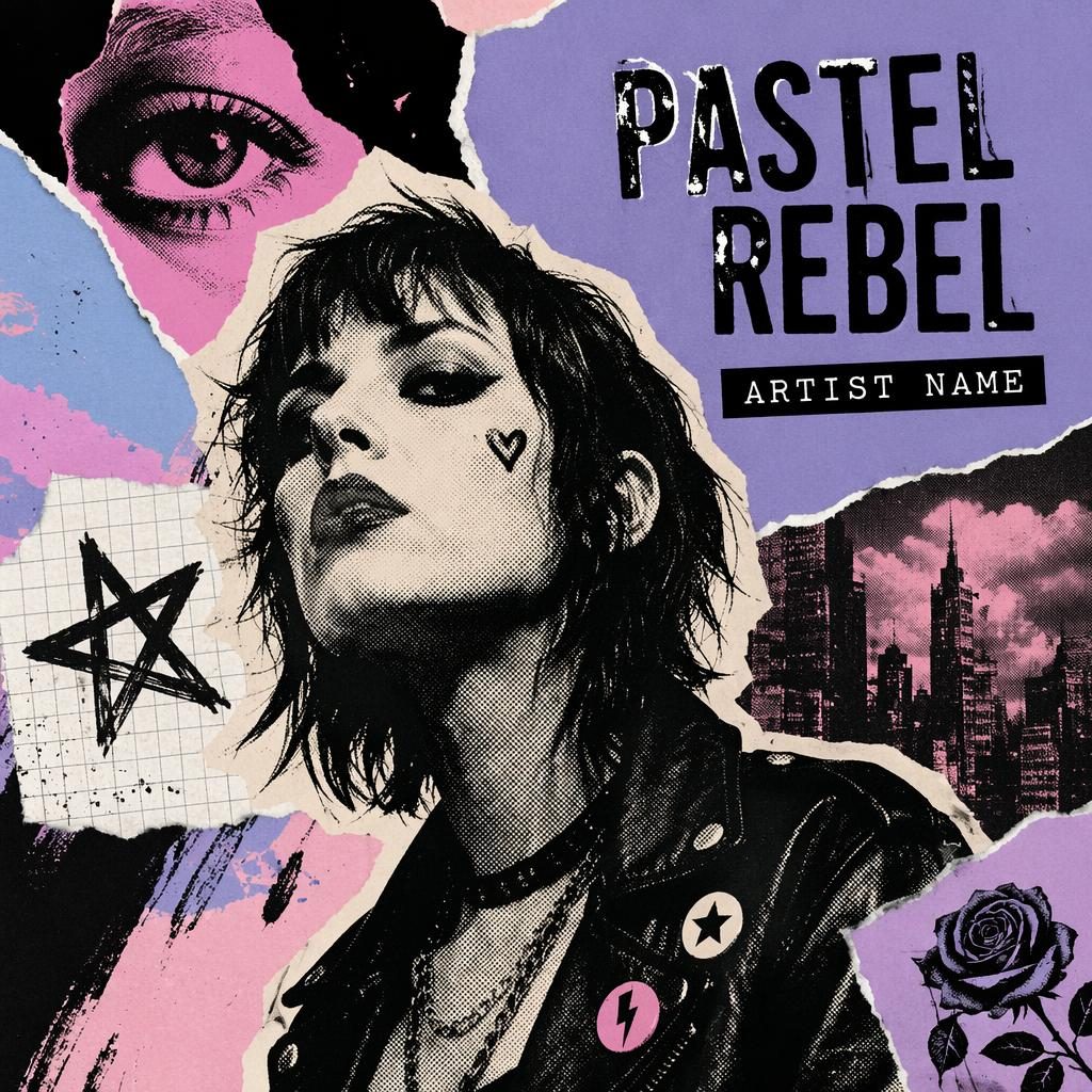 Square album cover with a punk rock zine collage, bold pop art graphics, dark dramatic mood, pastel dreamy colors, and clean title placeholders.