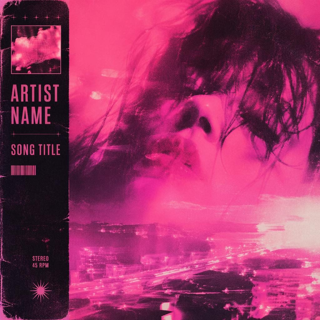 Square album cover with pink film grain, neon vaporwave tones, intense retro electronic mood, and clean placeholder text