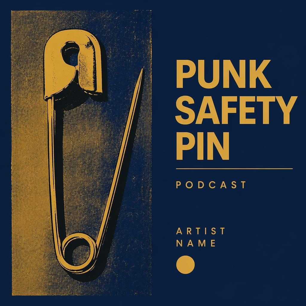 Minimalist square album cover with a geometric gold safety pin on midnight blue, calm meditative mood, clean placeholder text
