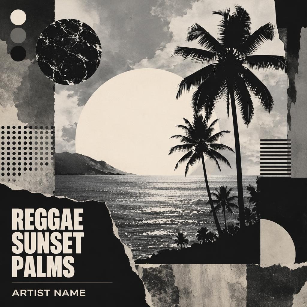 Square album cover with silhouetted palm trees, sunset collage elements, monochrome contrast, and clean title text