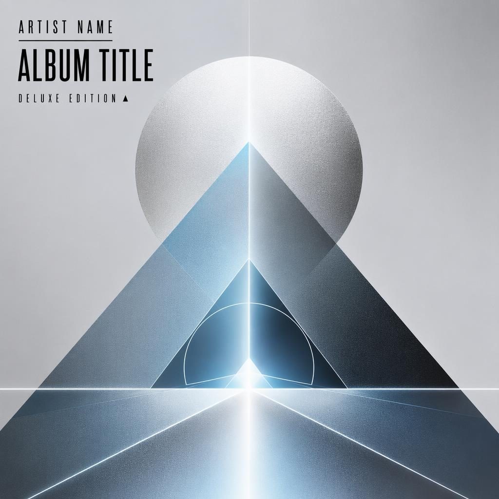 Minimalist square album cover with glowing silver and ice geometric shapes, calm meditative mood, and clean placeholder text.