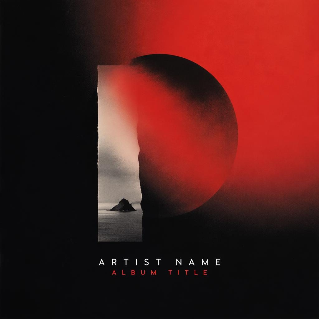 Square album cover with a black and red minimal gradient, atmospheric collage feel, and clean placeholder title text.