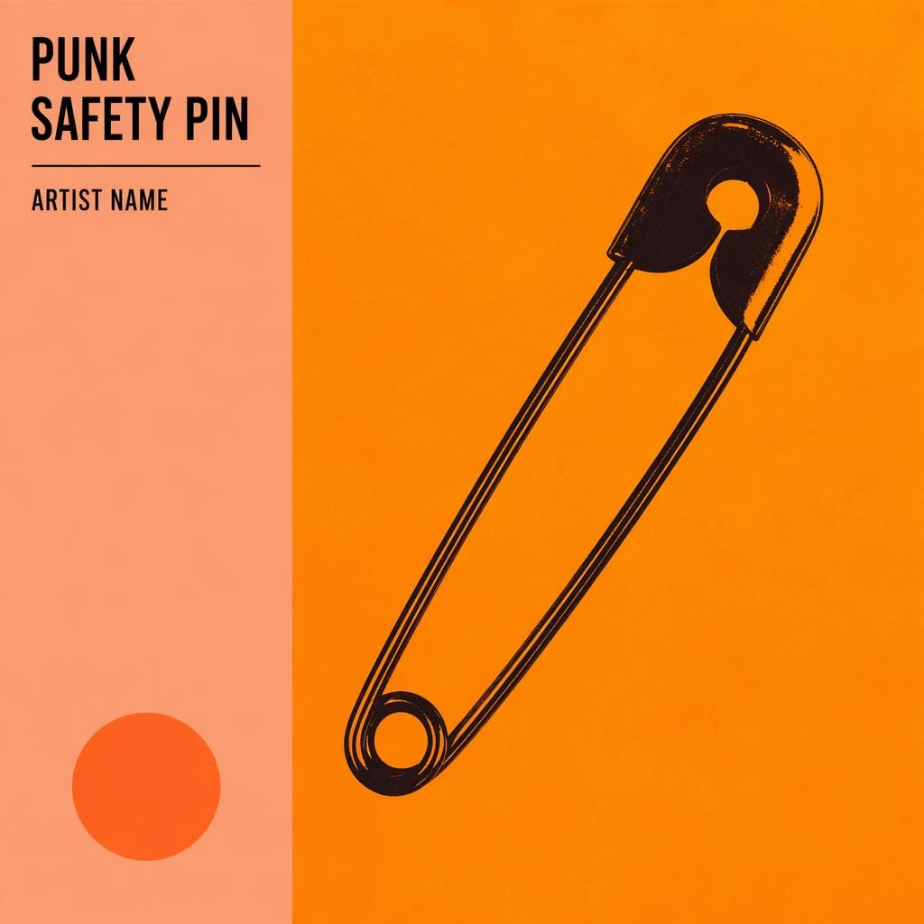 Minimal square album cover with a geometric safety pin, warm sunset tones, calm pop mood, and clean title placeholder text.