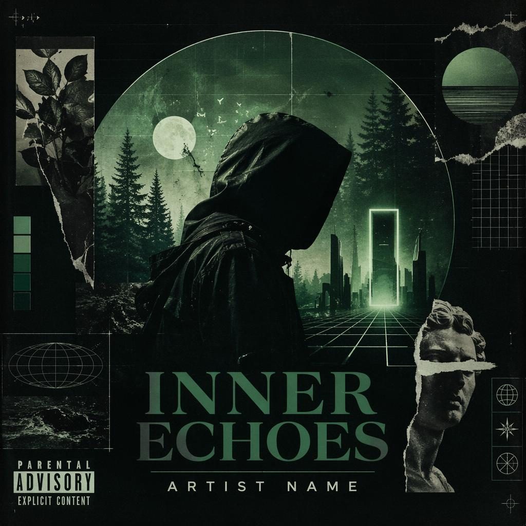 Square album cover with dark forest green retrofuturist collage, moody synth textures, and clean album title placeholder text