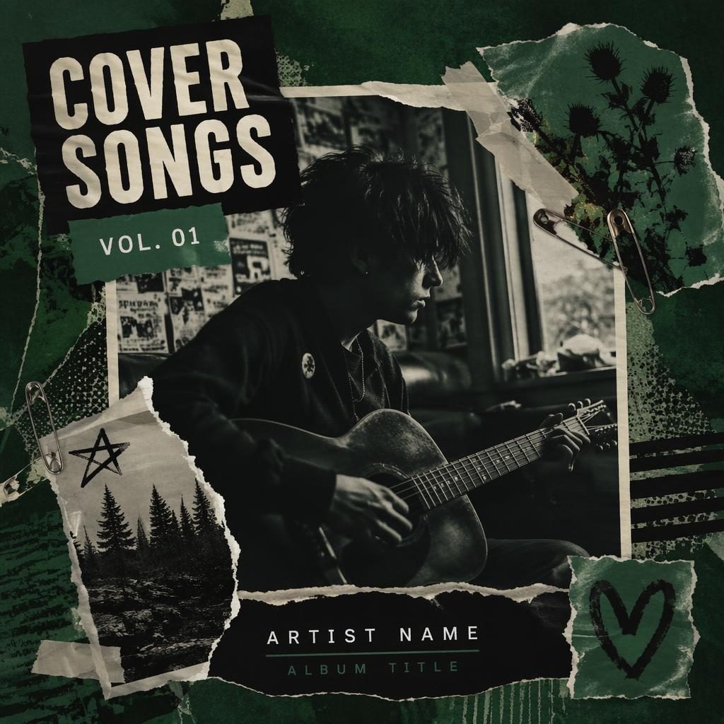 Square punk rock zine collage album cover with moody photo layers, warm nostalgic tones, dark forest green palette, clean placeholder text