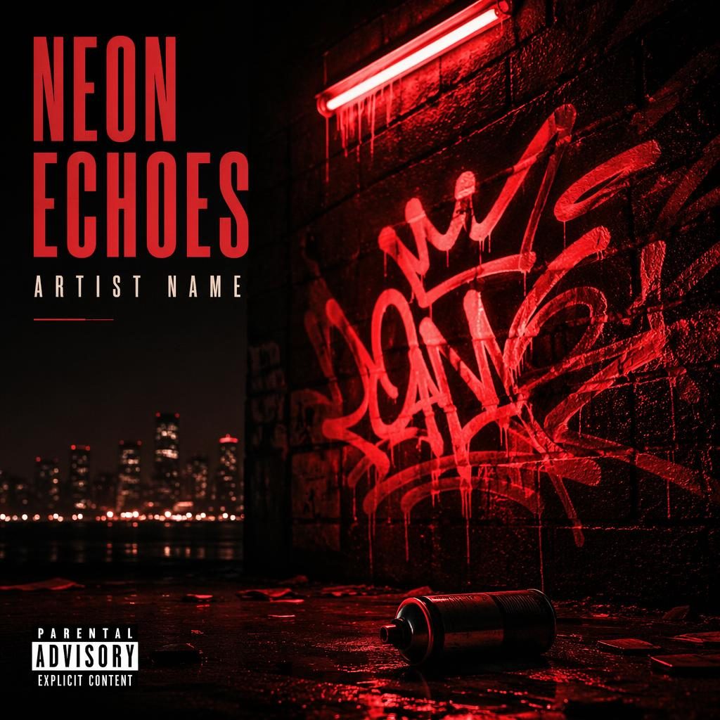 Square moody album cover with neon graffiti, black and red tones, warm nostalgic lighting, and clean title placeholder