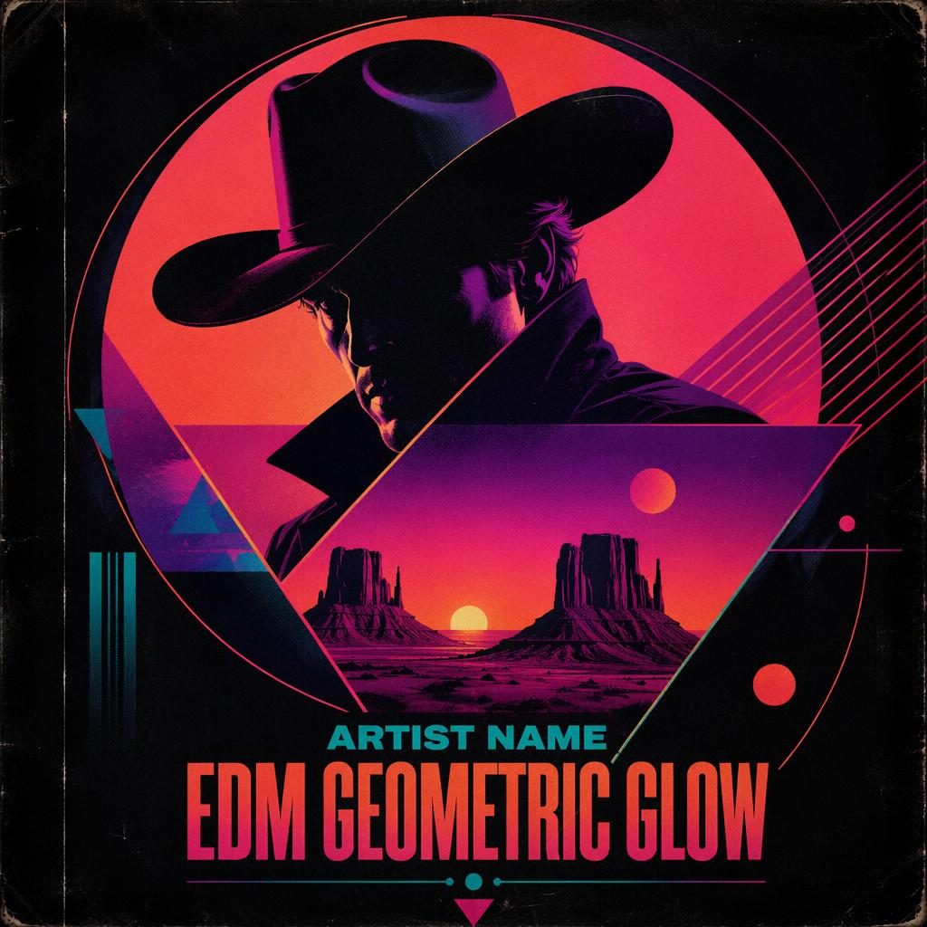Square album cover with glowing geometric shapes, neon vaporwave colors, vintage country styling, and clean title text.