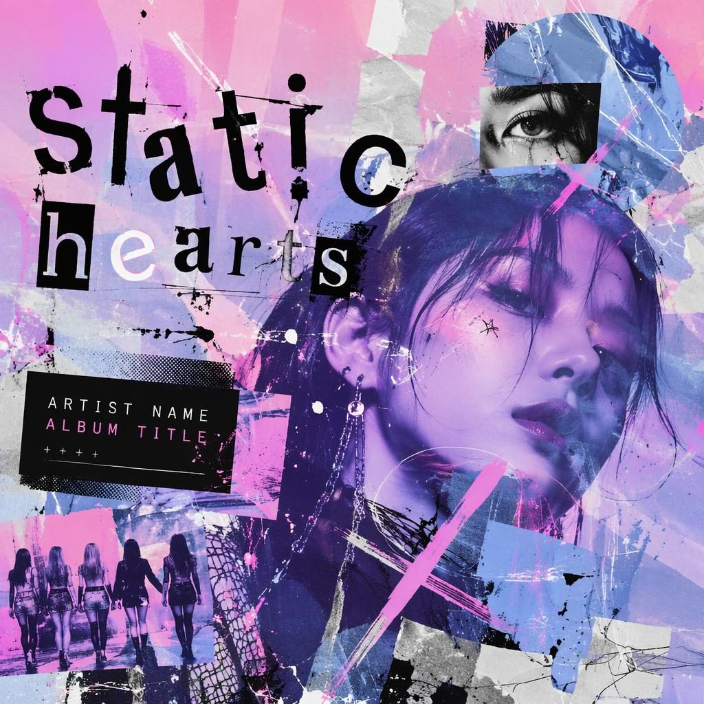 Square album cover with a pastel K-pop collage, punk textures, painterly atmosphere, and a neon vaporwave palette.