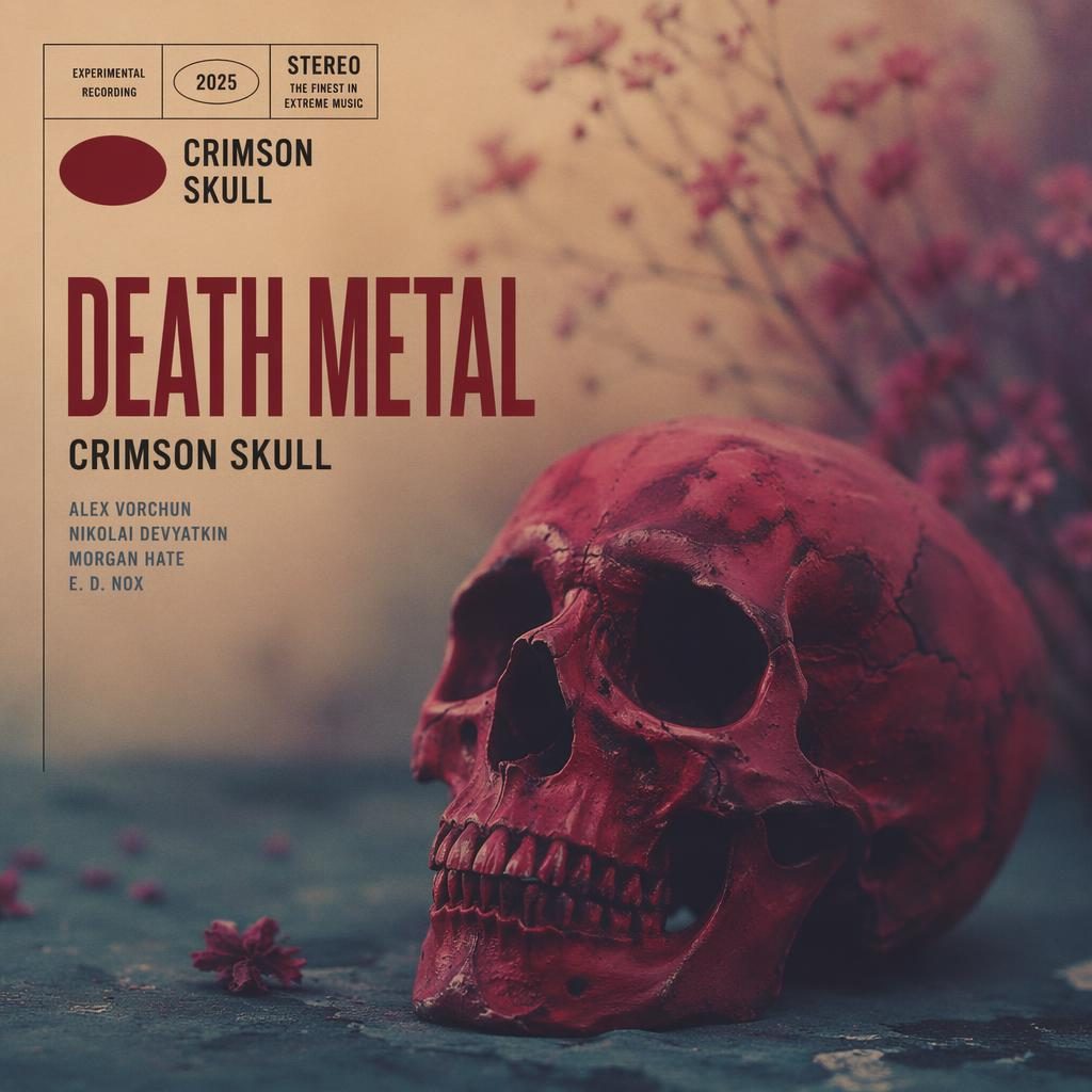 Square album cover showing a crimson skull in moody warm pastel lighting with clean minimalist layout and placeholder text.