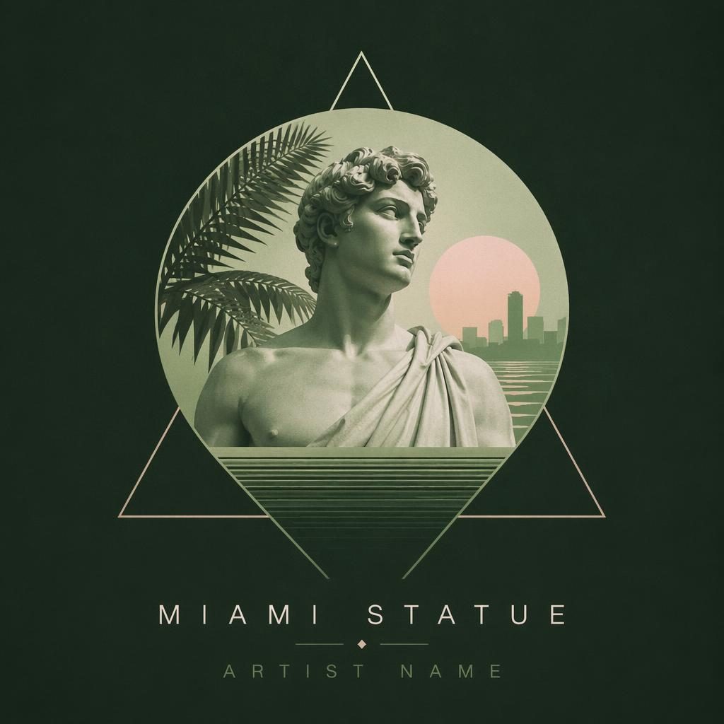 Album / single cover art for: vaporwave miami statue. Genre: folk / acoustic, minimalist geometric cover archetype, calm