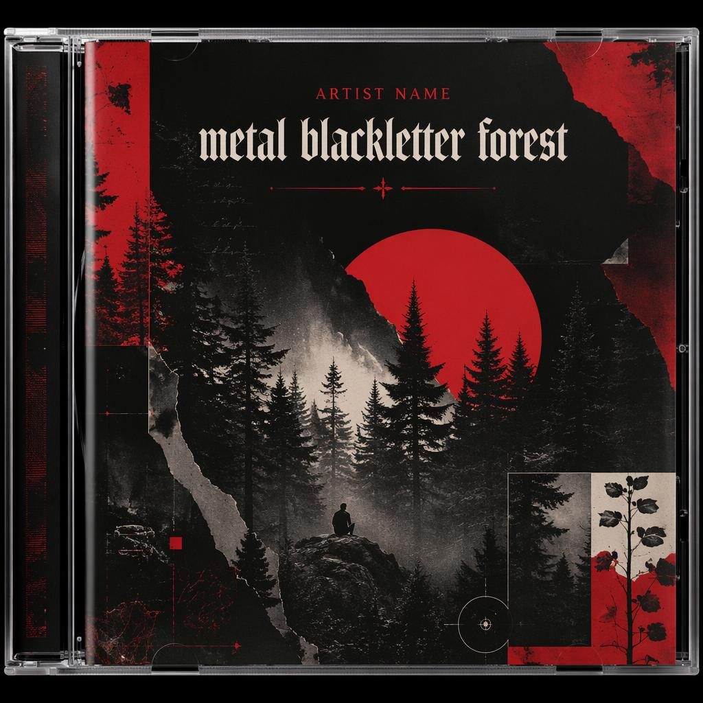 Visuel carré de pochette d’album en collage, forêt sombre en style blackletter métal, palette rouge et noire, ambiance introspective.