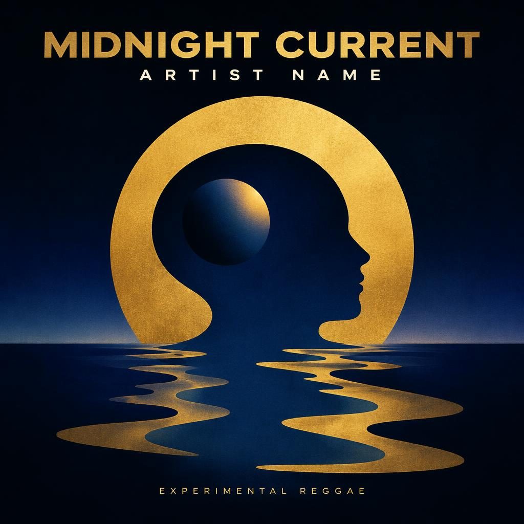 Square abstract album cover with midnight blue and gold gradient, bold pop art style, dark dramatic mood, clean title text.