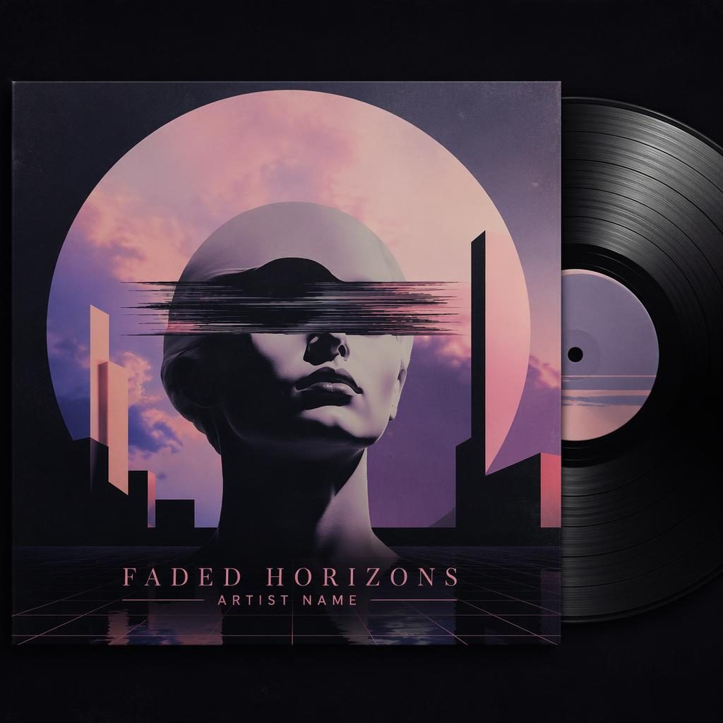 Square darkwave synth album cover with retrofuturist pop art, pastel dreamy tones, dramatic mood, and clean title text