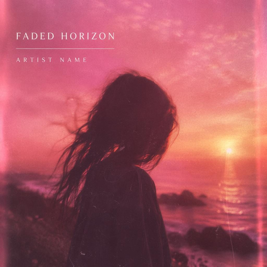 Square album cover with moody pink film grain, warm sunset tones, metal shoegaze vibe, and clean title placeholder text.