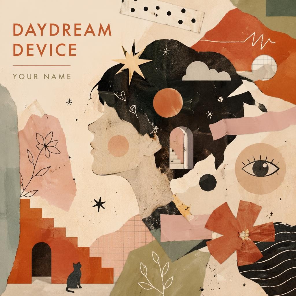 Square album cover with a pastel collage illustration, abstract playful shapes, earth and rust tones, and clean title text.