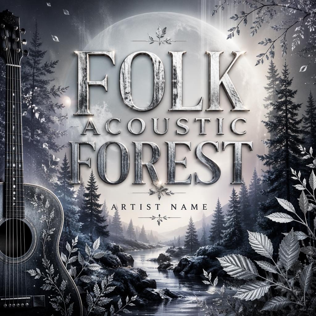 Pochette carrée d’album avec forêt onirique argentée, ambiance romantique, palette glacée et typographie centrale épurée.