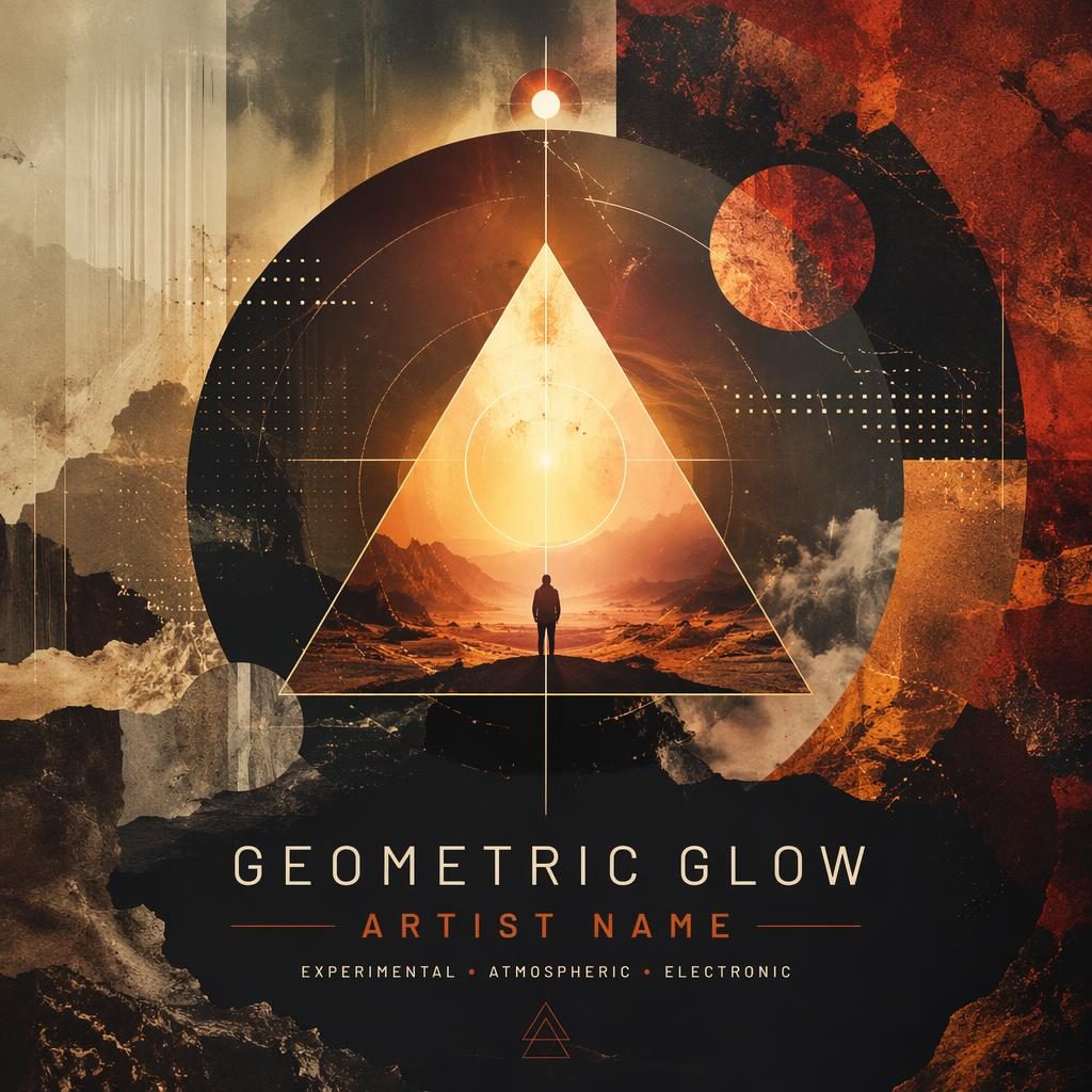 Square EDM album cover with glowing geometric collage, earth and rust tones, atmospheric mood, and clean title text.