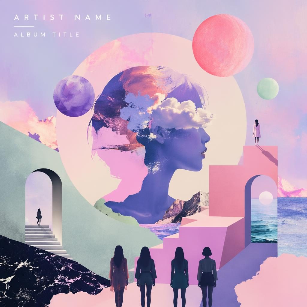 Square album cover with a pastel K-pop collage, dreamy painterly textures, energetic electronic mood, and clean title text.