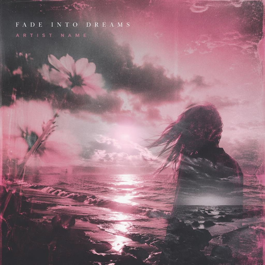 Square moody album cover with pink film grain, warm nostalgic glow, silver-ice tones, and clean artist title text
