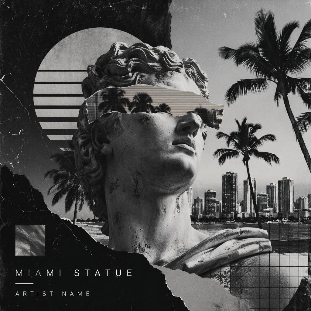 Square monochrome album cover showing a vaporwave-style Miami statue in mixed media collage with clean placeholder text.